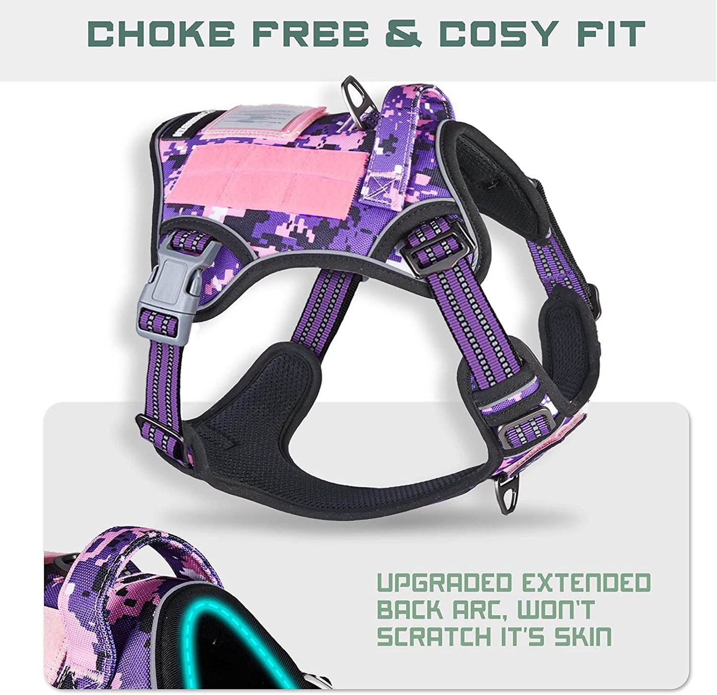 Ultimate Tactical Dog Harness for Large Breeds - No Pull & Easy Fit Adjustable Vest in Purple Camo