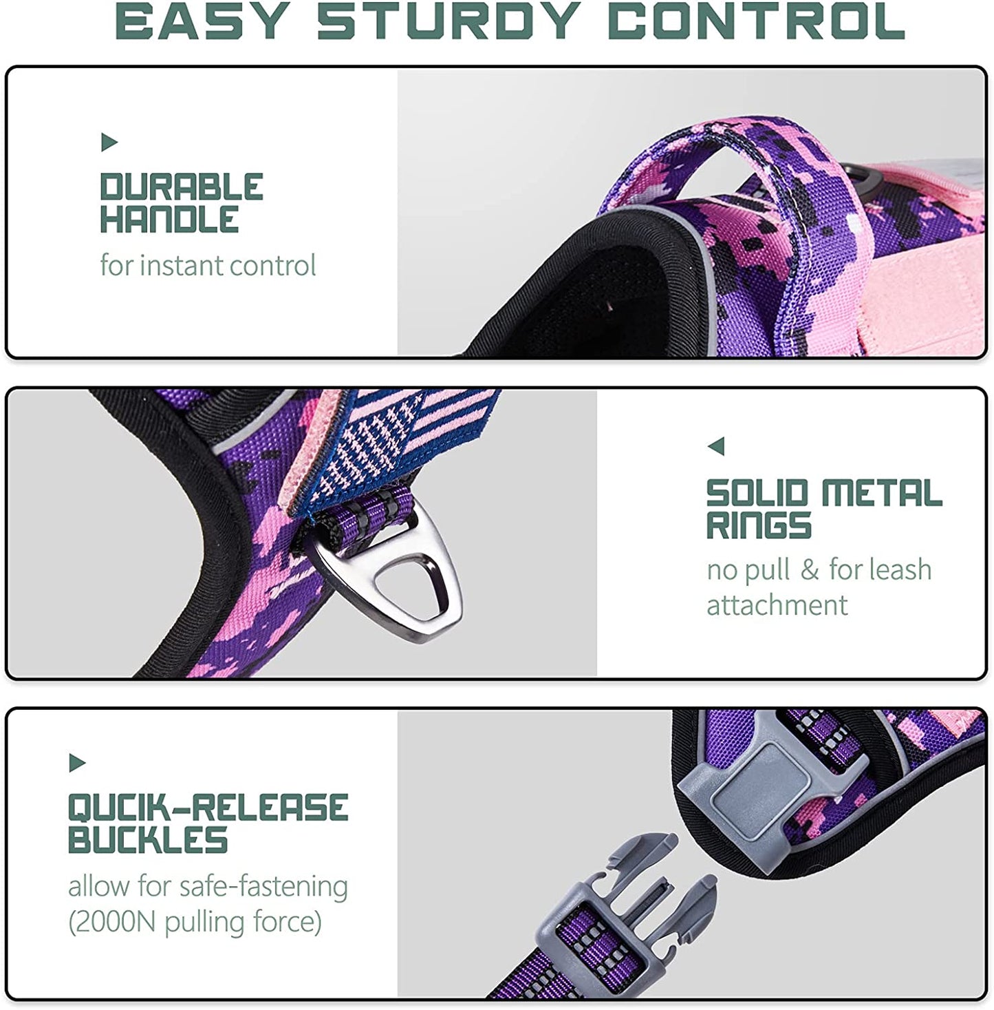 Ultimate Tactical Dog Harness for Large Breeds - No Pull & Easy Fit Adjustable Vest in Purple Camo