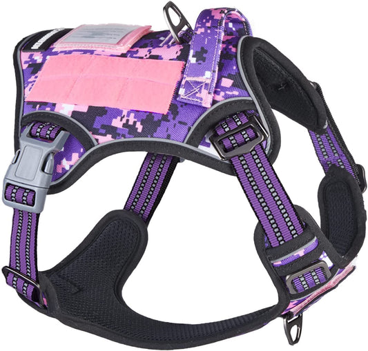 Ultimate Tactical Dog Harness for Large Breeds - No Pull & Easy Fit Adjustable Vest in Purple Camo