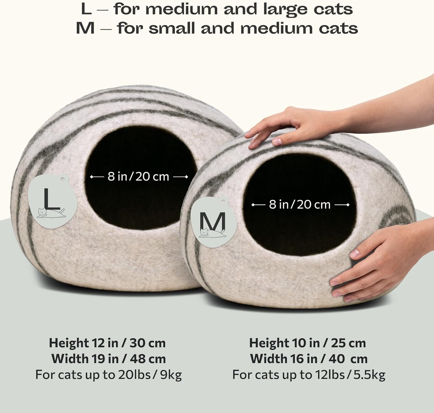 Cat Cave – Premium Felt Cat Bed for Indoor Cats, Handmade 100% Merino Wool (Light Grey, Medium)