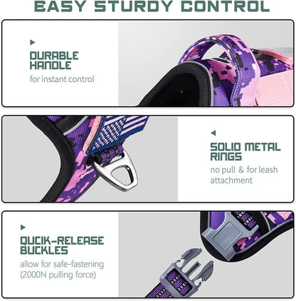 Ultimate Tactical Dog Harness for Large Breeds - No Pull & Easy Fit Adjustable Vest in Purple Camo